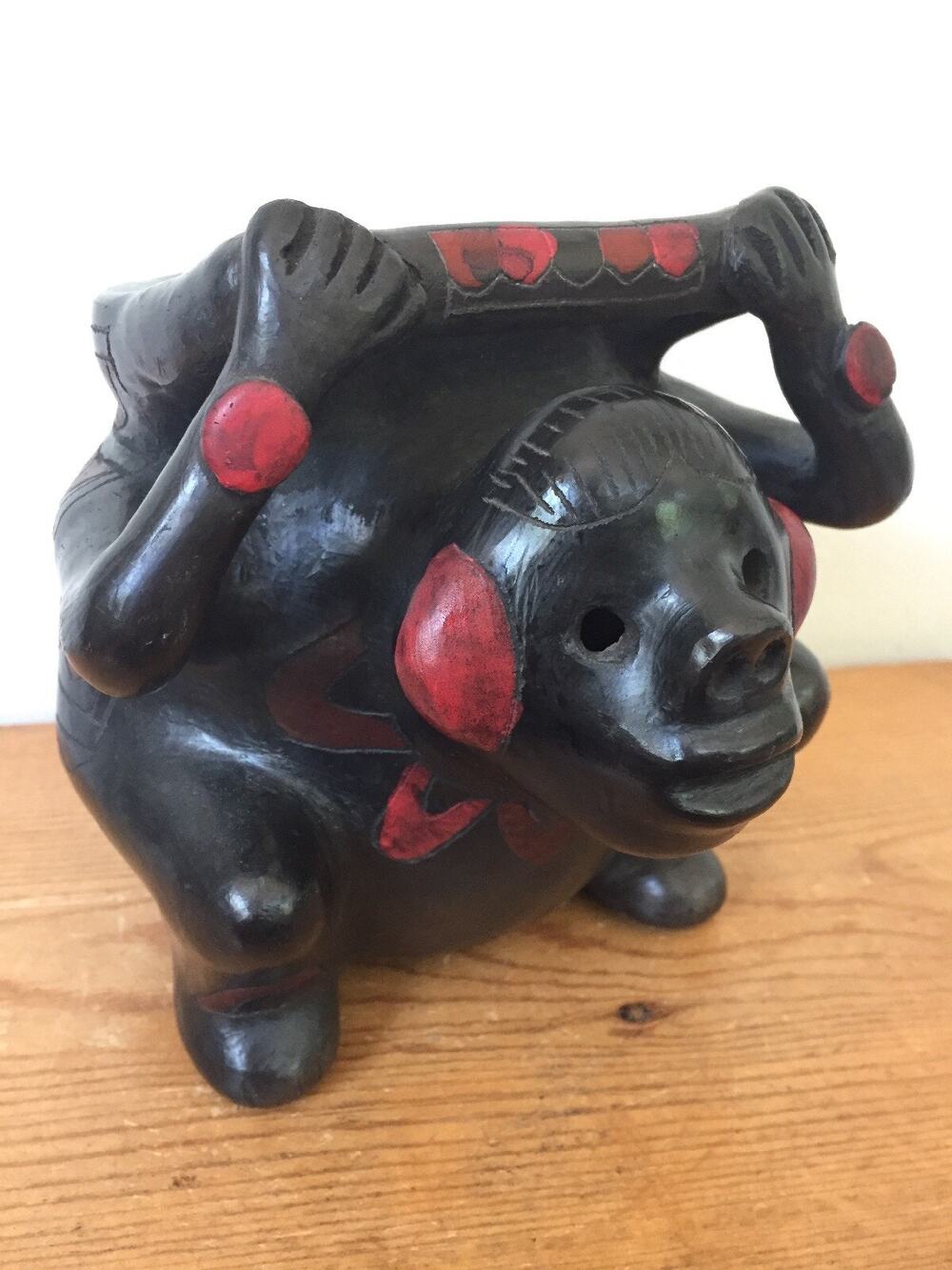 Vtg Handmade Barro Negro Black Pottery Mexican Figure Flower Vase Pot Planter